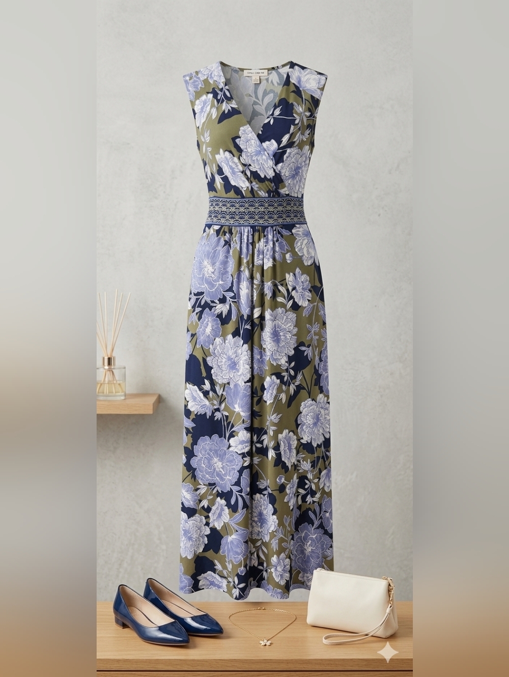 Olive & Navy Floral Maxi Dress with Smocked Waist